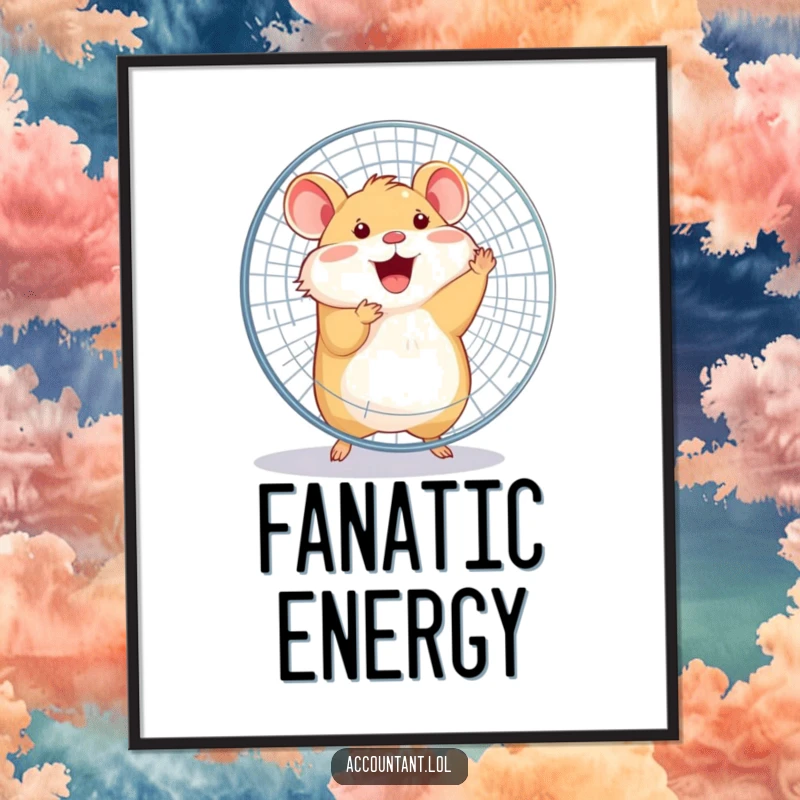 Funny happy hamster joyfully spinning a large office fan with its entire body as a digital art print.