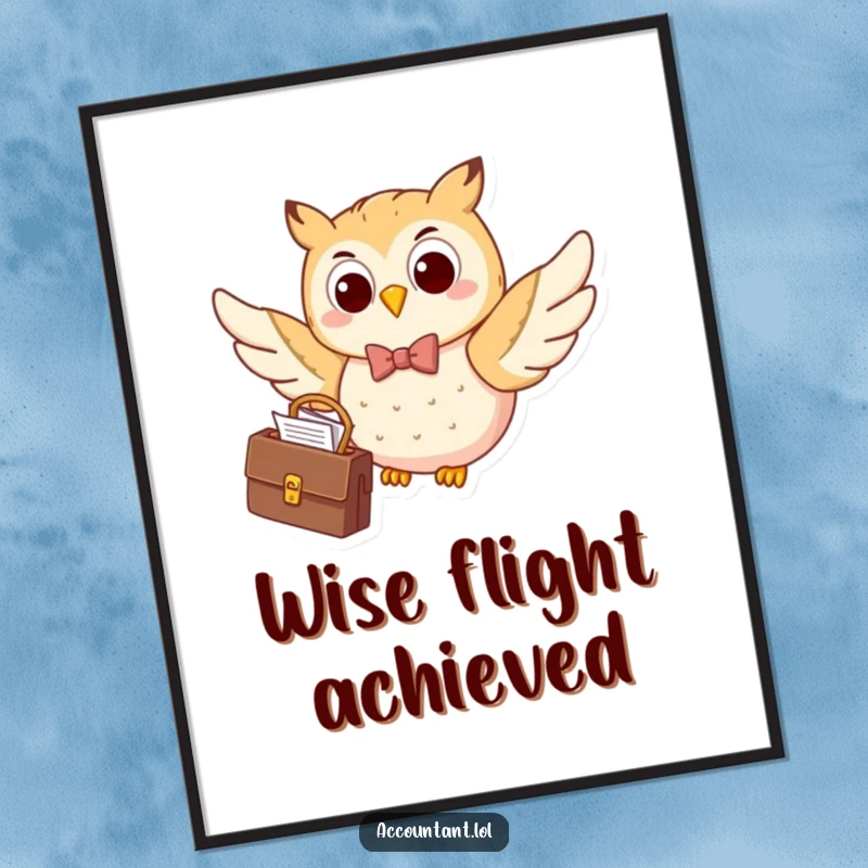 Funny happy owl in a bow tie, flying with a briefcase of papers, a humorous digital art print for decor.