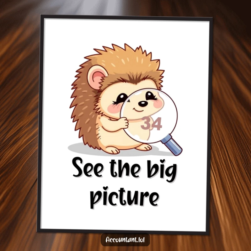 Funny hedgehog magnifying digital art print, a giggling hedgehog using a magnifying glass to examine a tiny number, high-quality decor.