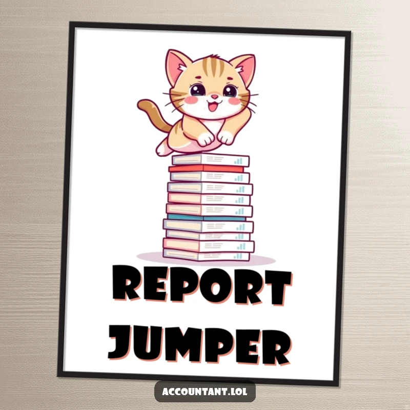 Funny kitten digital art print of a nimble kitten leaping high over a towering stack of financial documents.