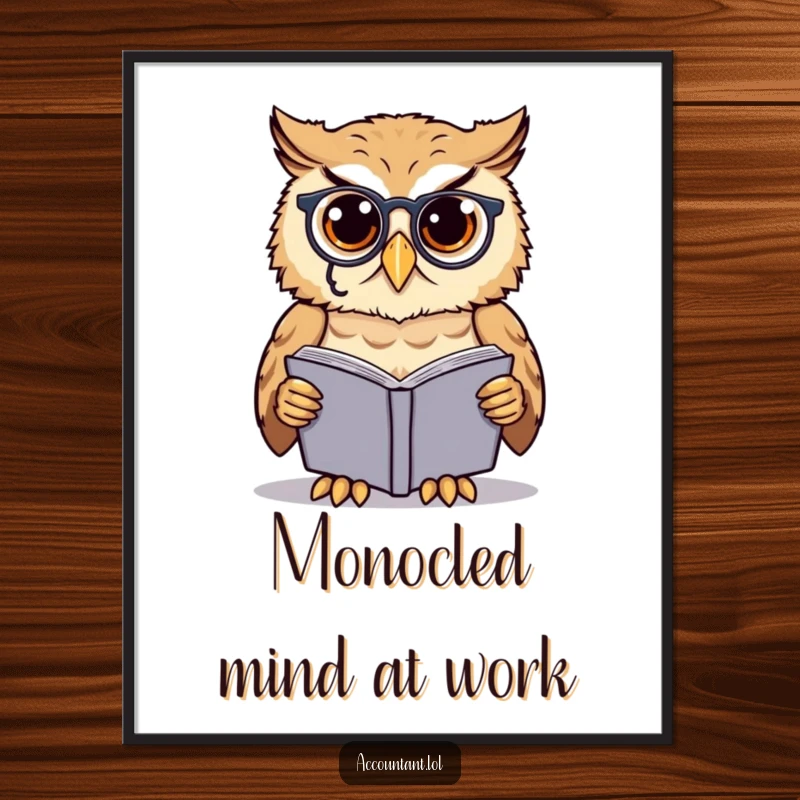 Funny owl scholar digital art print, a cute owl wearing a monocle, examining a ledgerbook, for instant decor.
