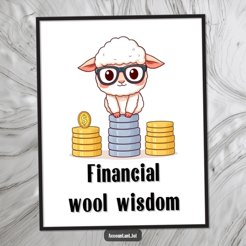 Funny Sheep Accountant Digital Art Print, a fluffy sheep with glasses, balancing coins, smart and humorous instant decor, perfect wall art.
