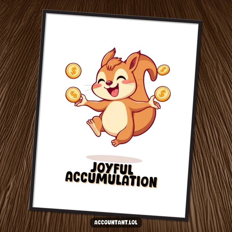 Funny squirrel digital art print of a joyful squirrel gleefully juggling multiple coins, symbolizing happiness and plenty.