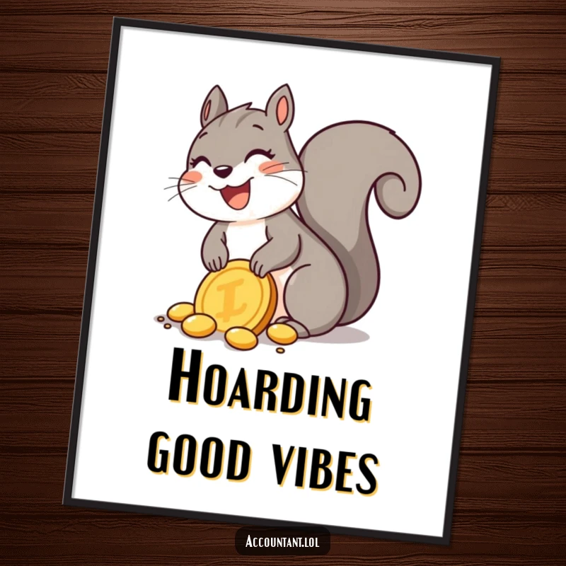 Funny Squirrel Digital Art Print: A delighted squirrel joyfully buries a large golden coin, representing happiness and found riches.