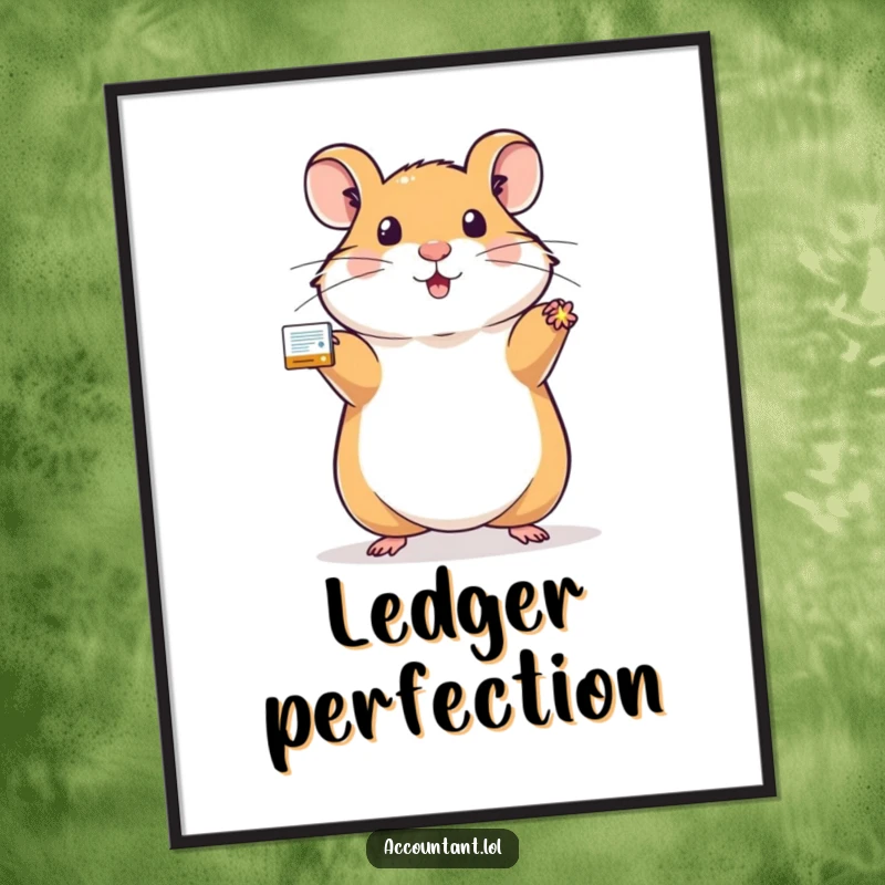 Funny hamster digital art print of a proud hamster holding a sparkling, balanced ledger, symbolizing financial order.
