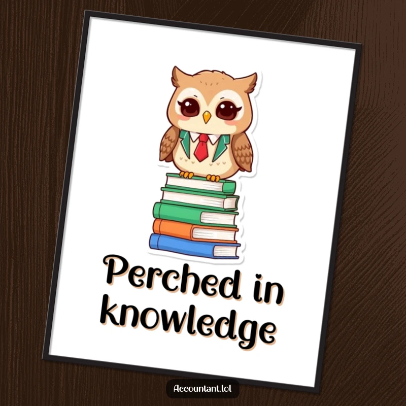 Funny Owl Accountant Digital Art: A wise owl accountant blinks contently on a pile of books, ready for framing.
