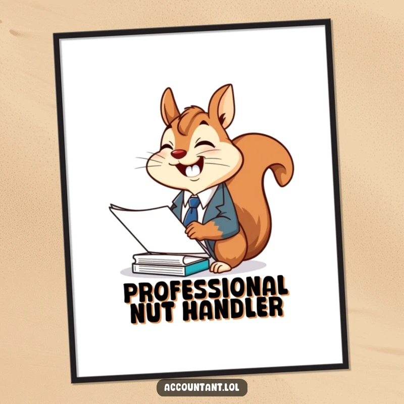 Funny squirrel office digital art print, a cheerful squirrel in a suit, giggling while filing documents, for instant decor.