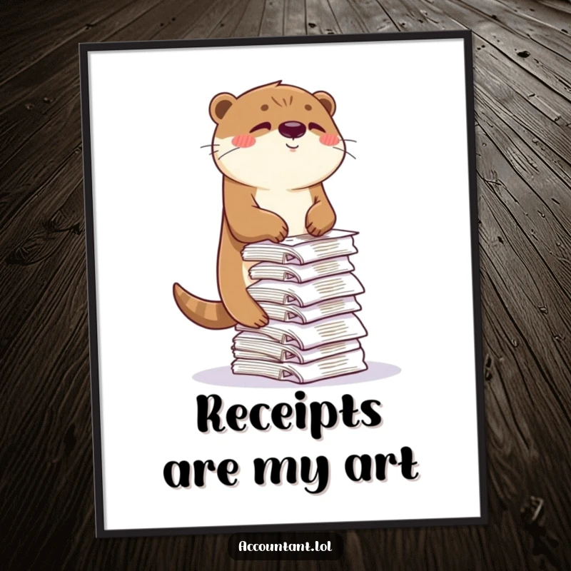 Funny otter digital art print, a playful otter balancing receipts with a wink, instant download humorous wall decor.