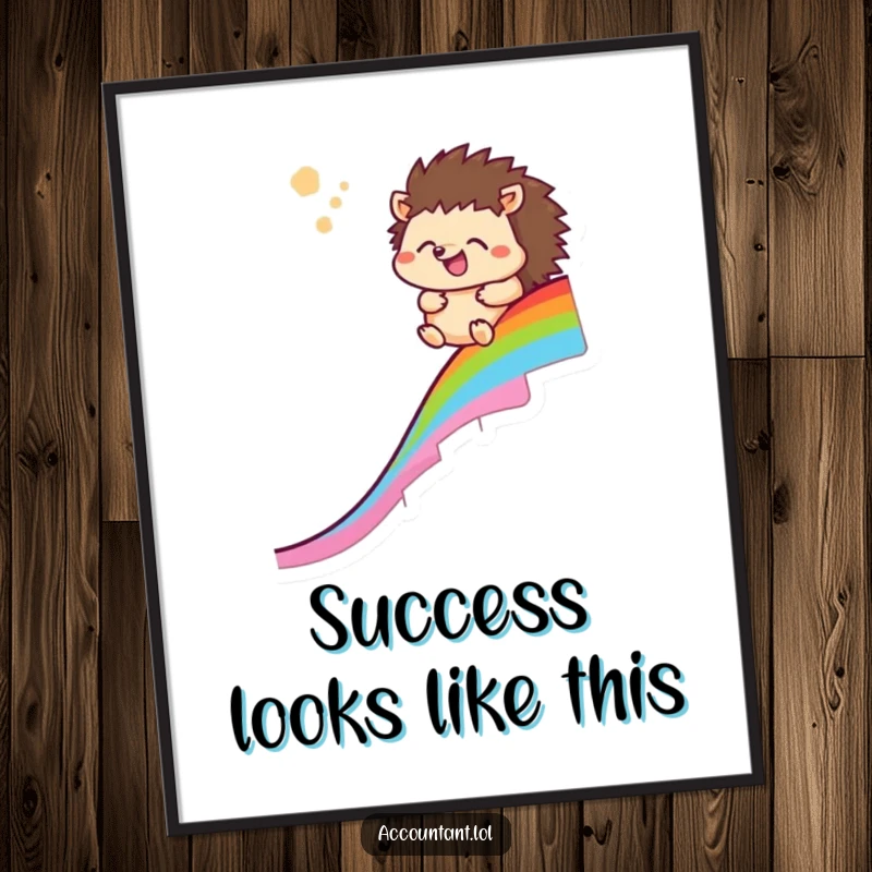 Funny hedgehog digital art print of a happy hedgehog sliding down a rainbow chart, conveying joy and achievement.