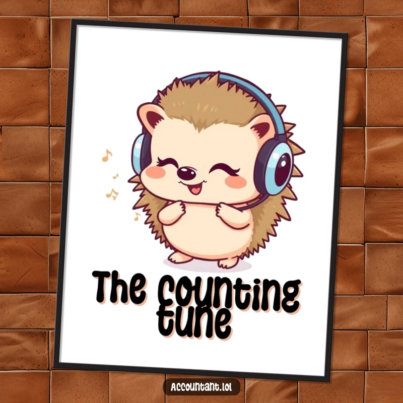 Funny digital art print of a cute hedgehog wearing headphones, humming and counting, representing a harmonious blend of music and numbers.