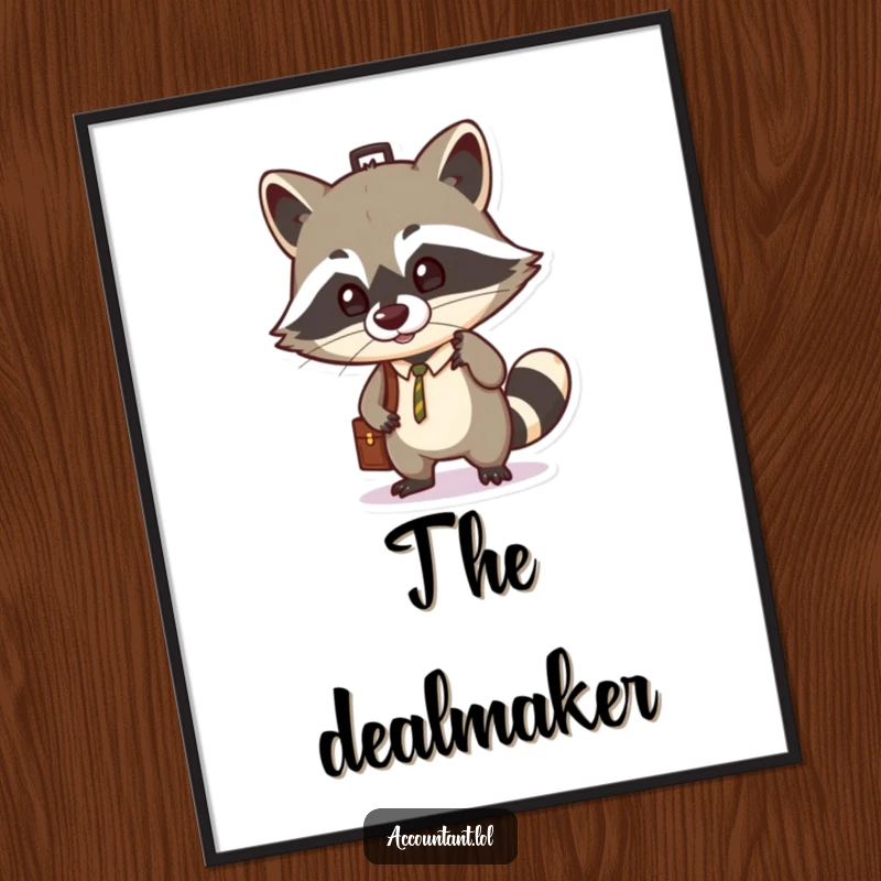 Funny digital art print of a cunning raccoon balancing a briefcase on its nose, representing humorous ambition and resourcefulness.