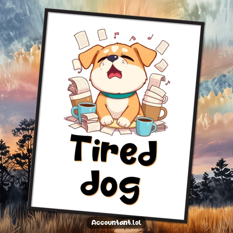 Funny sleepy dog yawning widely, surrounded by overflowing coffee cups and paperwork as a digital art print.