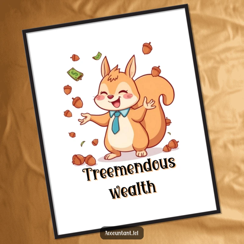 Funny cute squirrel accountant juggling acorns like falling currency, looking joyful, digital art.