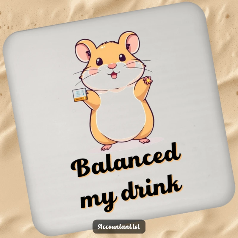 Funny hamster drink coaster showing a proud hamster holding a sparkling, balanced ledger, ideal for surface protection.