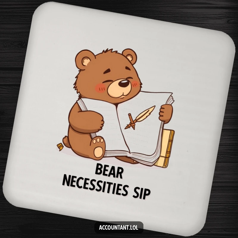 Funny determined brown bear scribbling furiously on a large ledger with a quill, printed on protective drink coasters.