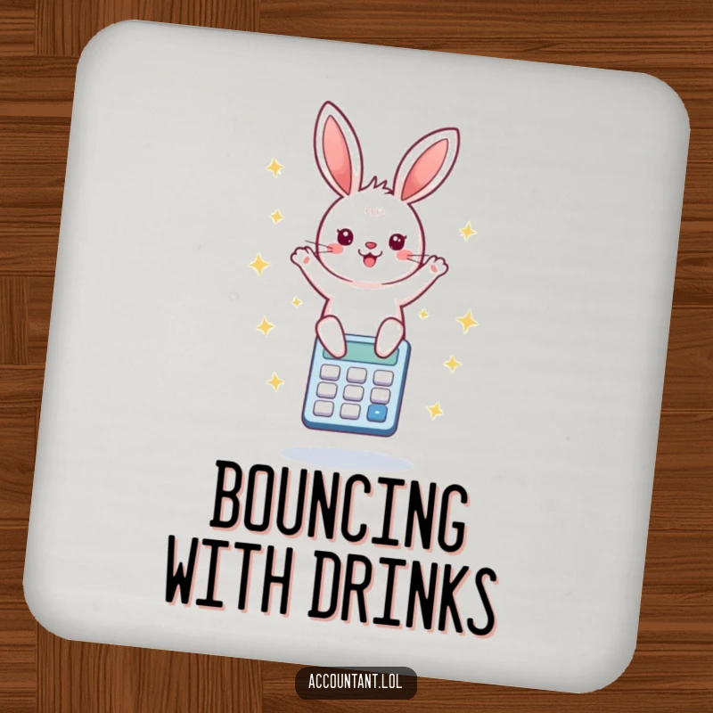 Funny drink coaster depicting a delighted bunny bouncing on a calculator amidst starbursts, adding a cheerful touch to tabletops.