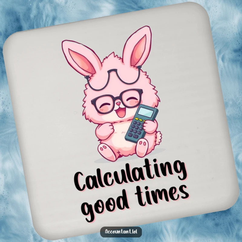 Funny pink fluffy bunny wearing glasses, giggling happily with calculator, printed on protective drink coasters.