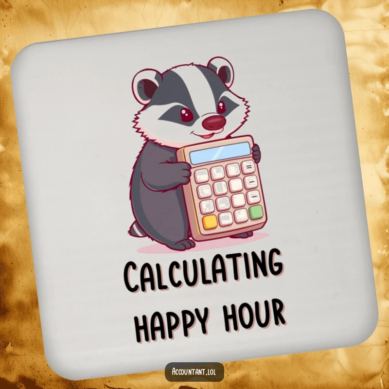 Funny Badger Coaster: A determined badger pushes a giant calculator, adding a touch of math humor to your table.