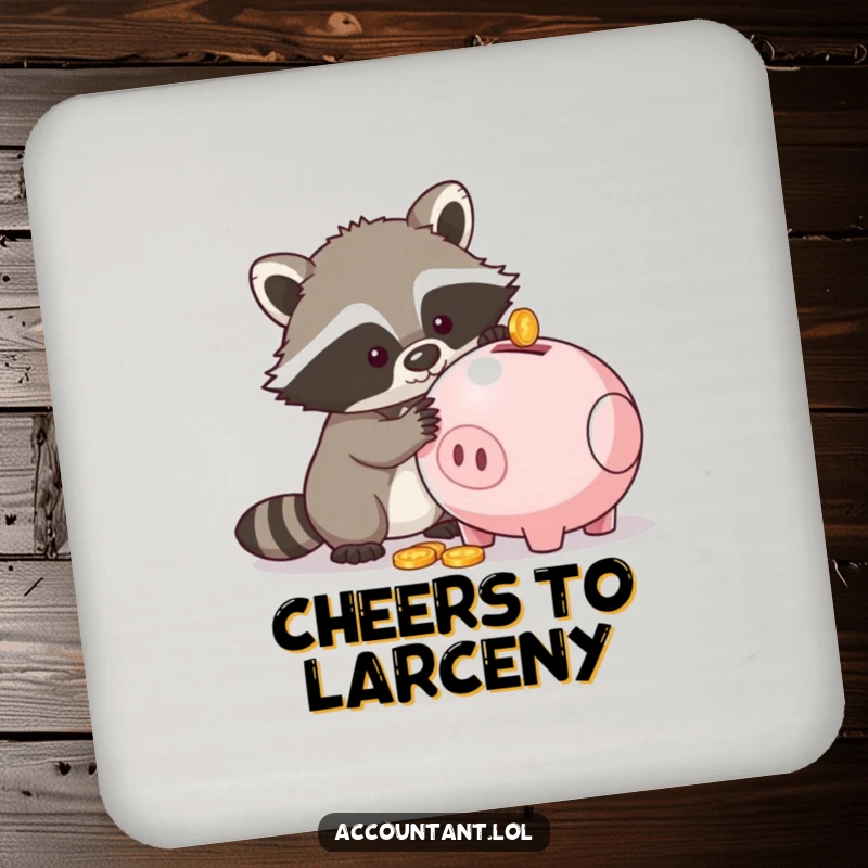 Funny drink coasters featuring a raccoon trying to get coins from a piggy bank, adding a humorous touch to any table.