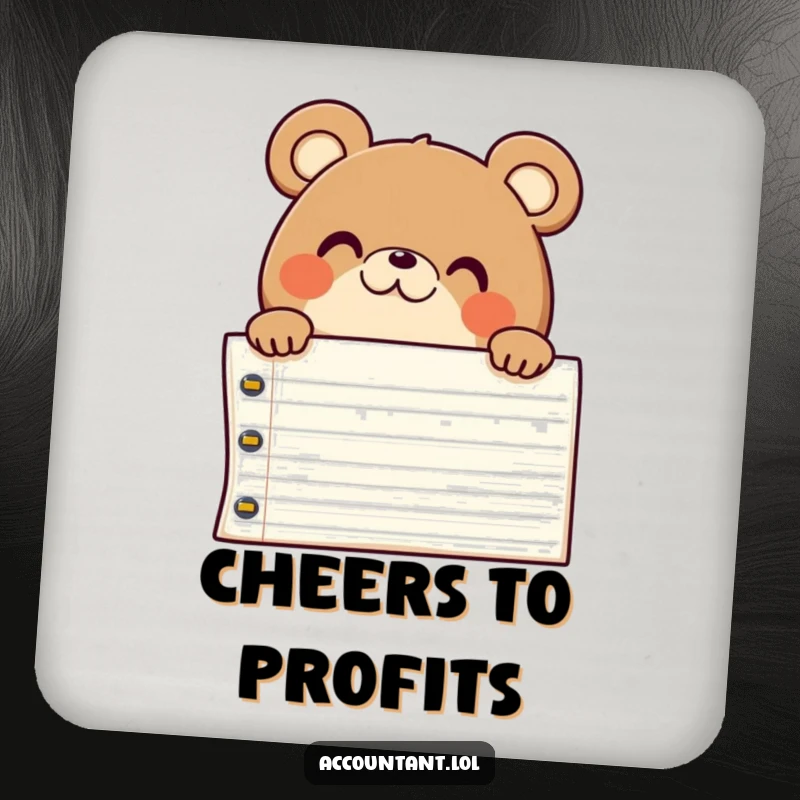 Funny chubby bear peeking over a ledger, showing surprise and pleasure, a humorous protective coaster.