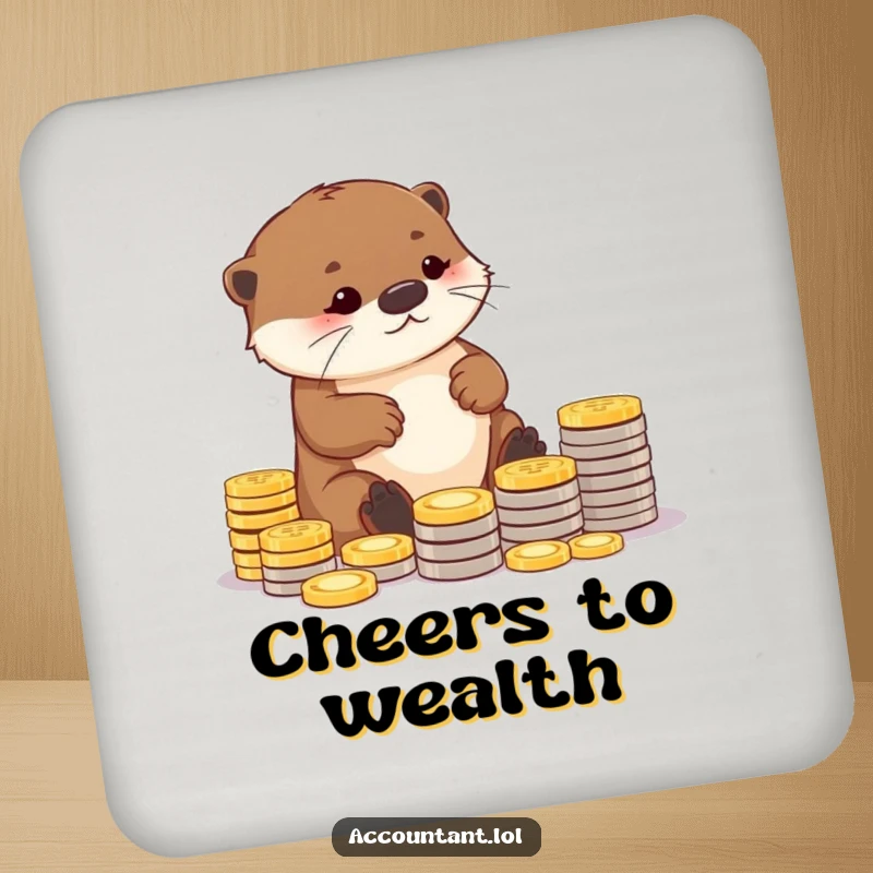 Funny drink coaster with a diligent otter carefully arranging coins into neat piles, offering humorous and meticulous surface protection.