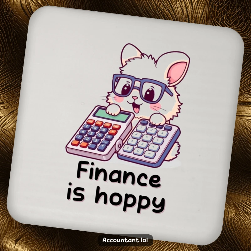 Funny bunny accountant drink coaster, a fluffy rabbit wearing glasses humorously stamping a big calculator, protecting furniture.