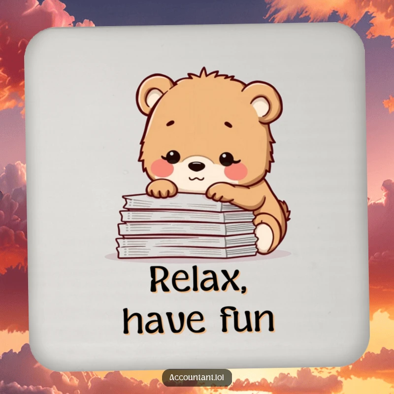 Funny drink coaster with a contented bear cub smiling over spreadsheets, offering humorous and serene surface protection.