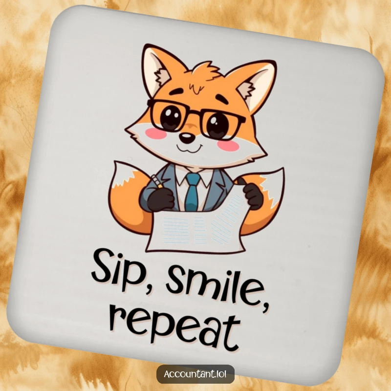 Funny Fox Accountant Coaster: A grinning fox accountant draws a smiley face on a balance sheet, protecting drinks with wit.