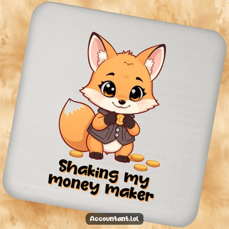 Funny fox money coaster, a mischievous fox in a vest, counting coins with wide eyes, adding humor to tables.