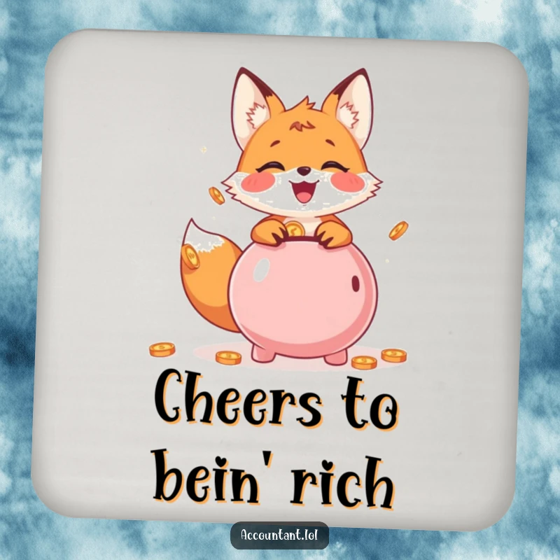 Funny Drink Coaster featuring a cheerful fox cub and a piggy bank, a humorous home accessory.