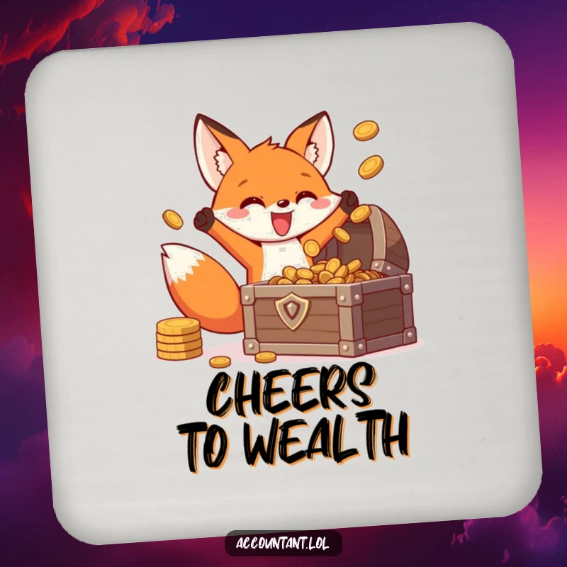 Funny fox treasure drink coaster, an energetic fox triumphantly tossing coins into a treasure chest, protecting furniture.