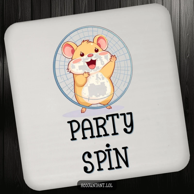 Funny happy hamster joyfully spinning a large office fan with its entire body on a protective drink coaster.