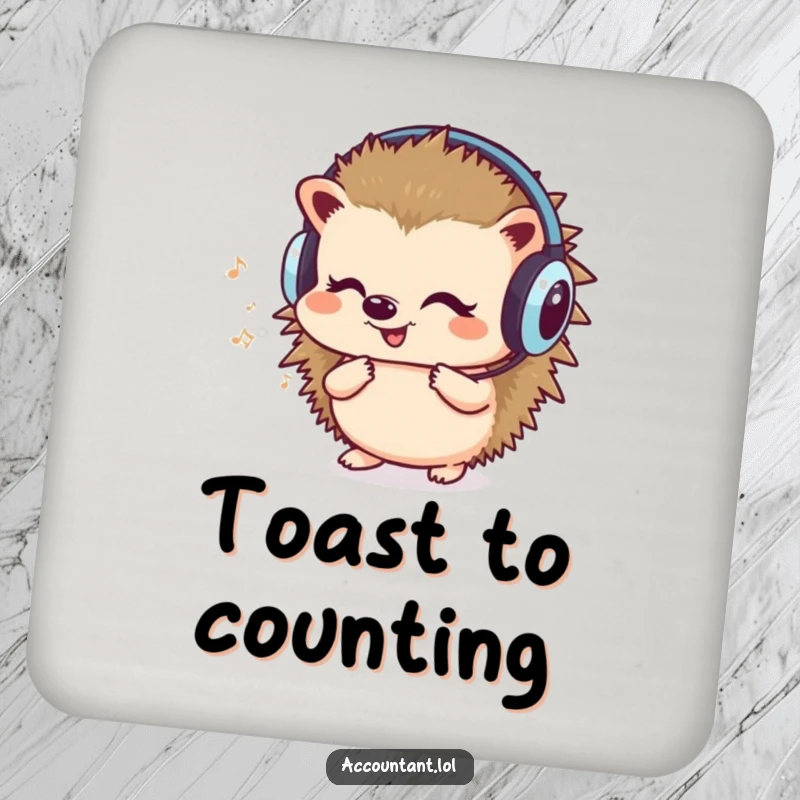 Funny drink coaster showing a cute hedgehog wearing headphones, humming and counting, a humorous addition to any drink setup.