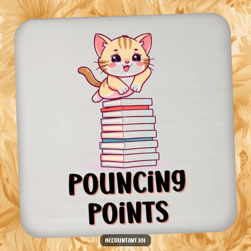 Funny drink coaster featuring a playful kitten leaping over financial reports, protecting surfaces with humor.