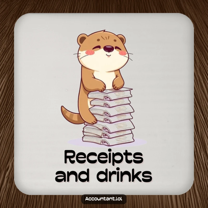 Funny otter drink coaster, a playful otter balancing receipts with a wink, humorous and protective table accessory.