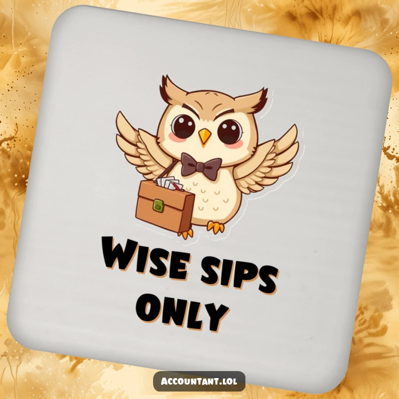 Funny Owl Coaster: A happy owl in a bow tie flies with a briefcase, adding a touch of business humor to your table.
