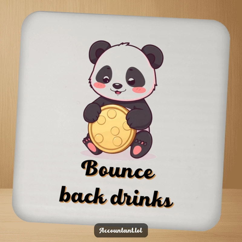 Funny panda drink coaster showing a playful panda bouncing a coin, perfect for adding a playful touch to tabletops.