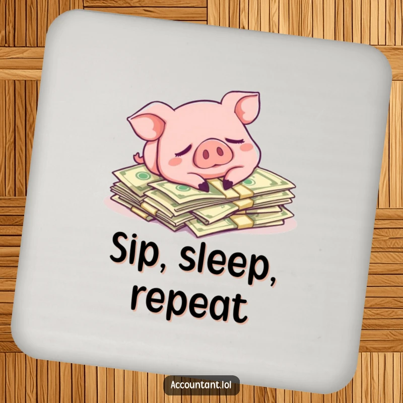 Funny drink coasters featuring a pig sleeping on dollar bills, adding a humorous and wealthy touch to any table.