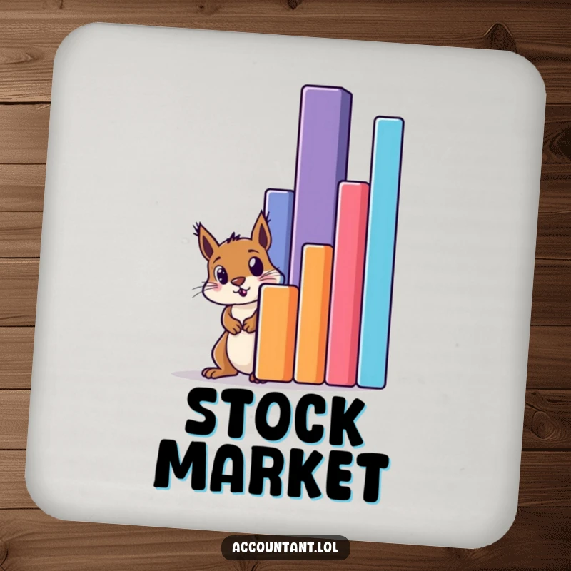 Funny squirrel peeking in amazement behind a colossal bar graph on a protective drink coaster, preventing rings.