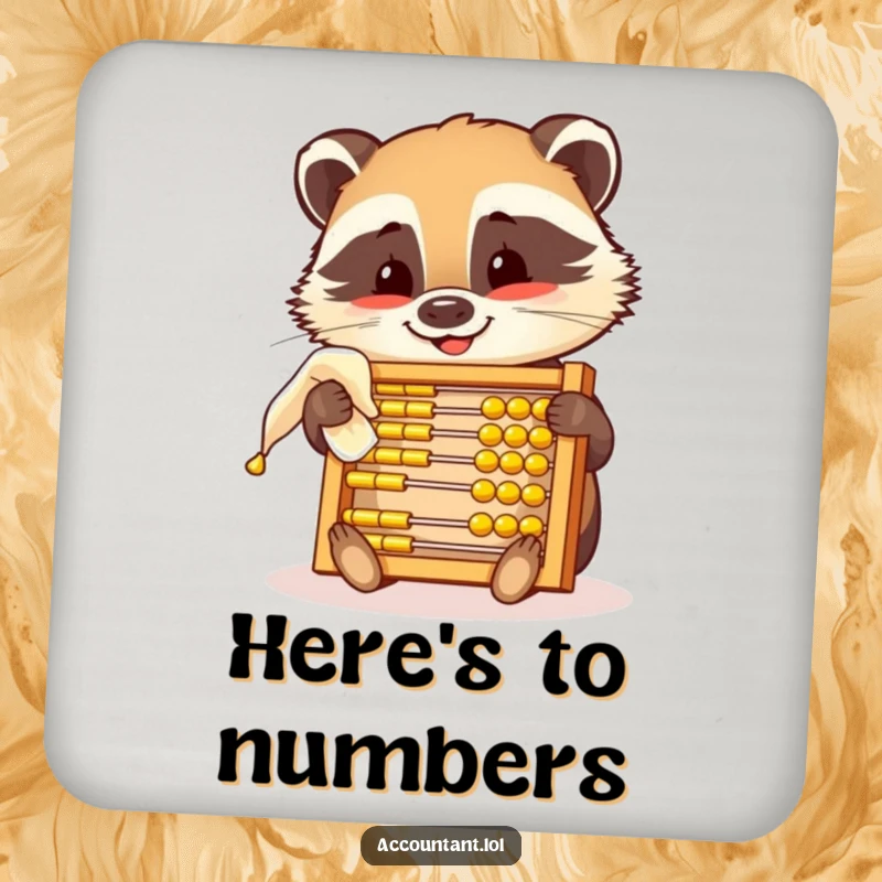 Funny drink coaster with a smiling badger polishing a golden abacus, humorously combining surface protection with a love for numbers.