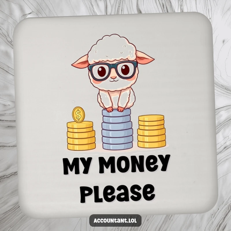 Funny Sheep Accountant Drink Coaster, a stylish sheep in glasses, balancing coins, protecting surfaces with humor, a great funny gift.