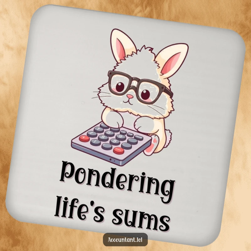 Funny Drink Coaster featuring a fluffy bunny in glasses, tapping a calculator, a humorous home accessory.