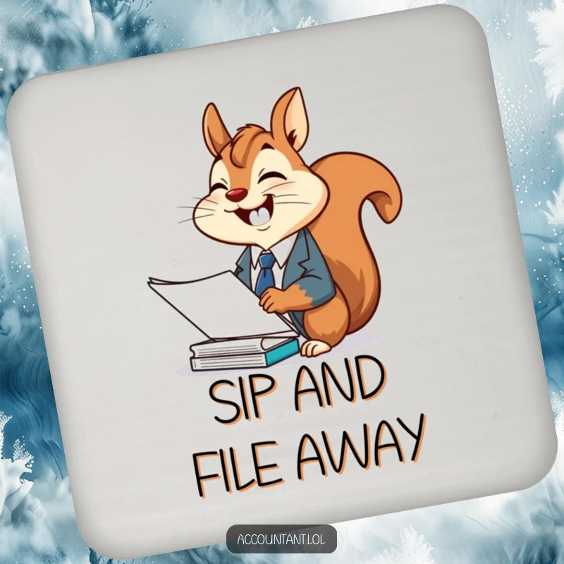 Funny squirrel office coaster, a cheerful squirrel in a suit, giggling while filing documents, adding humor to tables.