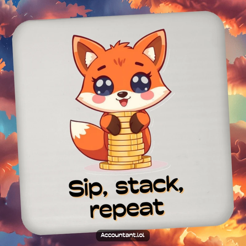 Funny giddy red fox stacking oversized coin stacks with wide, excited eyes, printed on protective drink coasters.