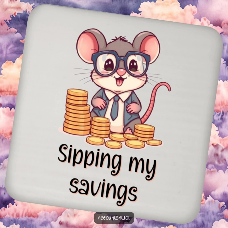 Funny mouse accountant with spectacles, sorting coins, a humorous and practical coaster for protection.
