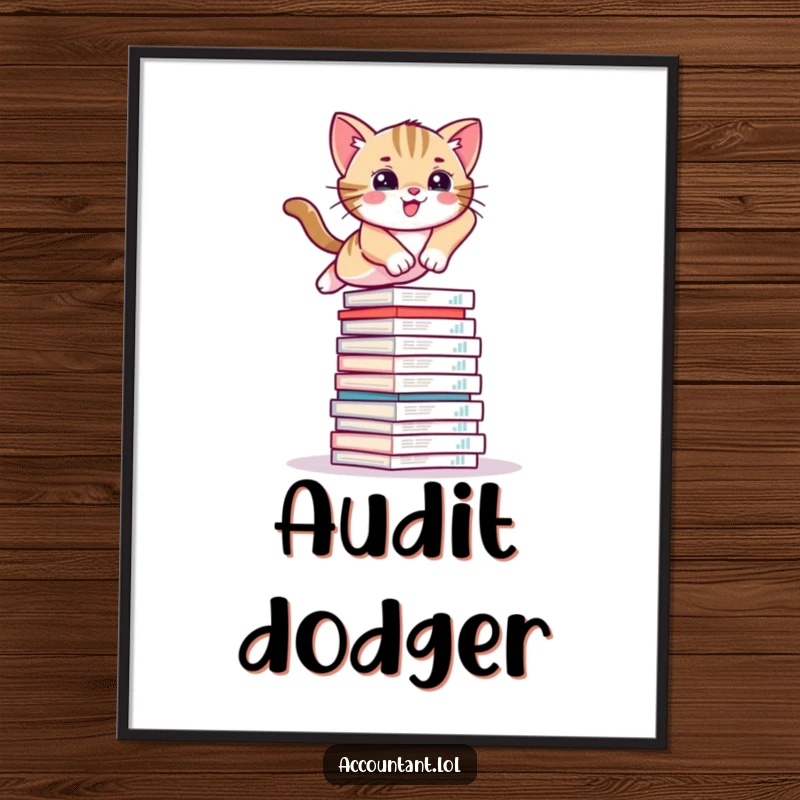 Funny poster depicting a kitten expertly leaping over a tall stack of financial documents, bringing energy and humor.