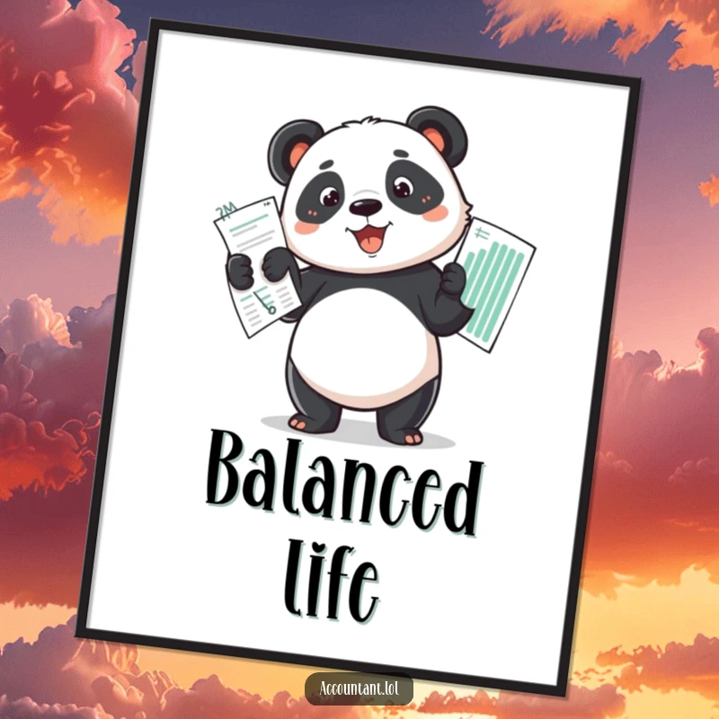 Funny determined panda proudly holding up a perfectly balanced budget spread as a high-quality poster.