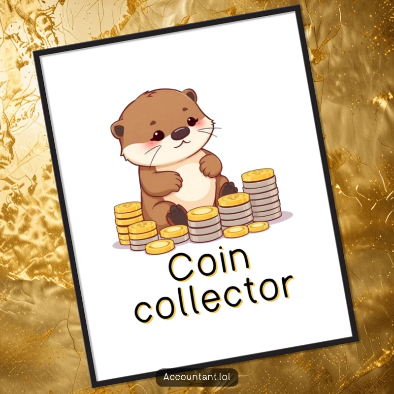 Funny poster art of a diligent otter meticulously arranging coins into neat piles, representing the humor of financial discipline and saving.