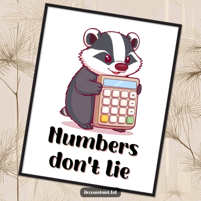 Funny Badger Poster: A determined badger intently pushes a huge calculator, symbolizing hard work and a humorous approach to math.