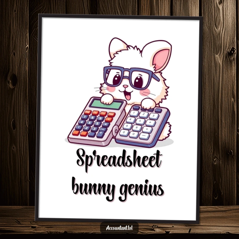 Funny bunny accountant poster, a fluffy rabbit with tiny glasses actively stamping a colossal calculator, bringing joy to wall decor.